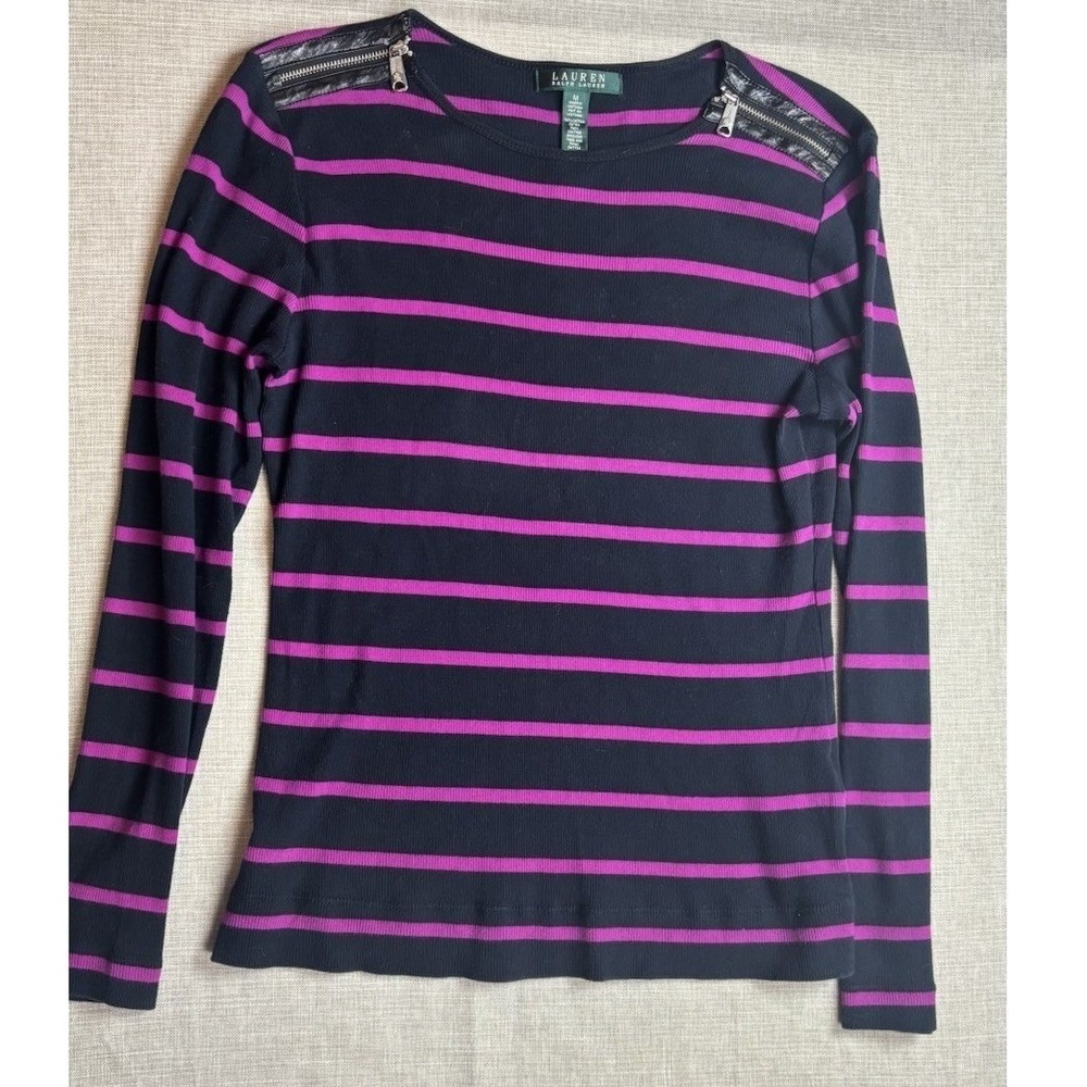 Lauren Ralph Lauren Shirt Womens M Pink Black Striped Long Sleeve Top